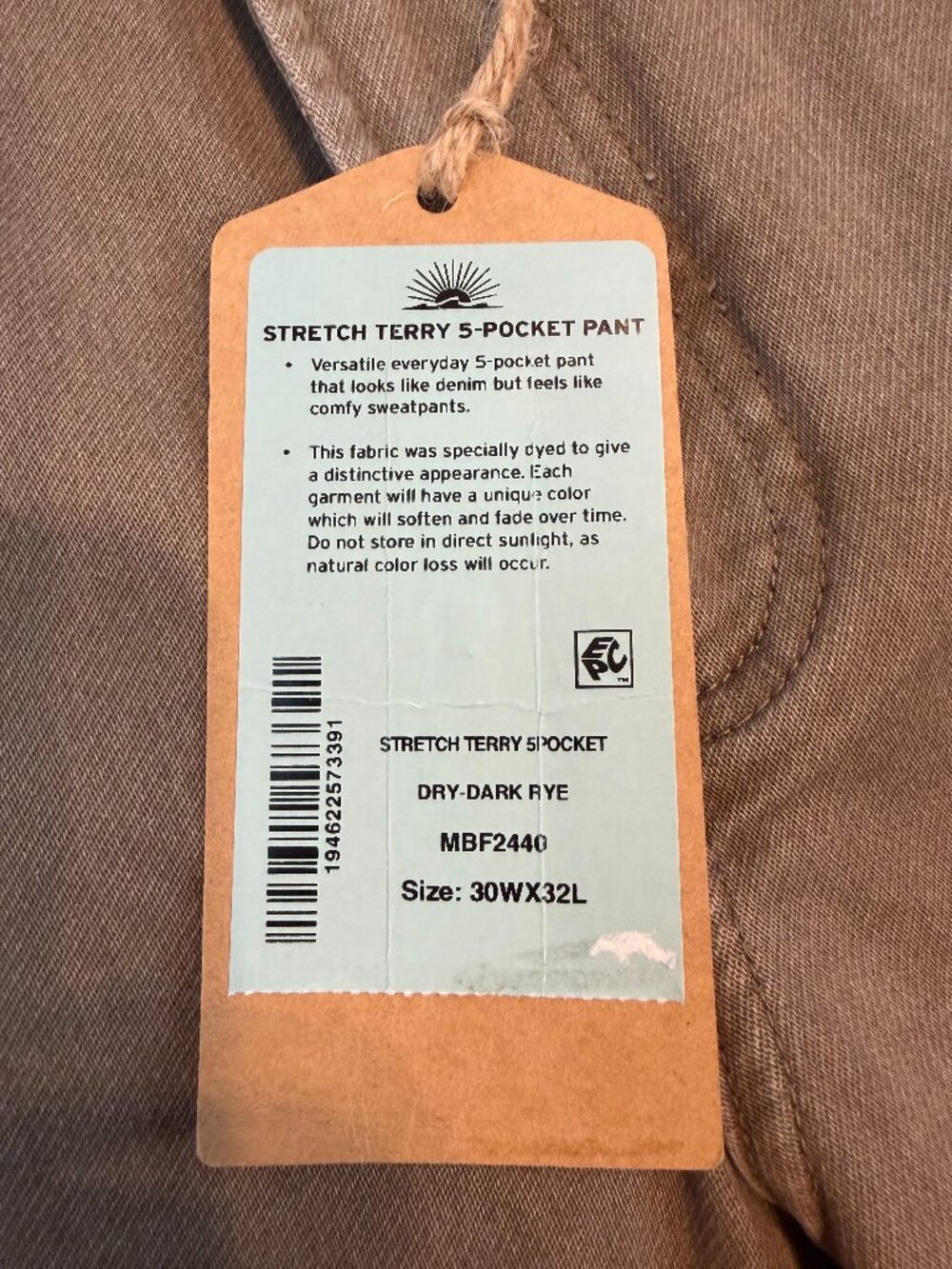 Faherty Stretch Terry 30x32 5-pocket pants dry-dark rye